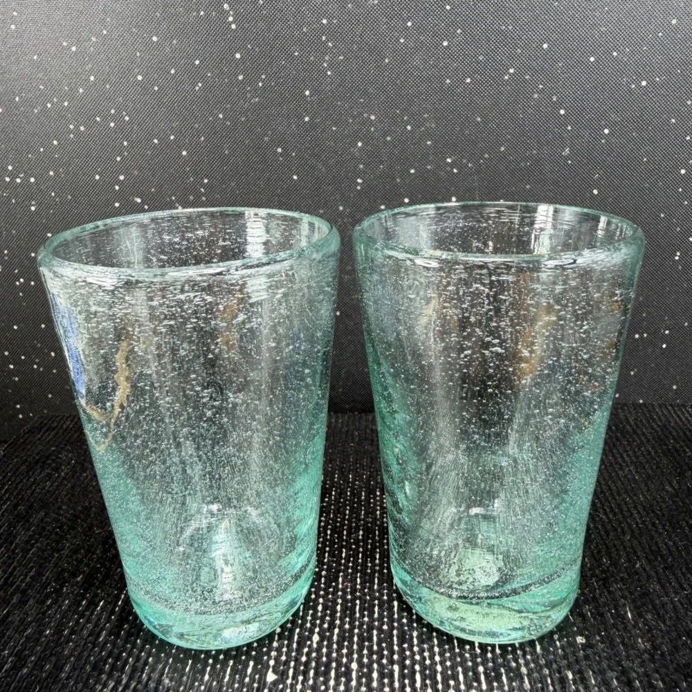 Pier 1 Seeded Bubble Glass Tumblers Aqua Light Green Set of 2 Shot Glasses VTG